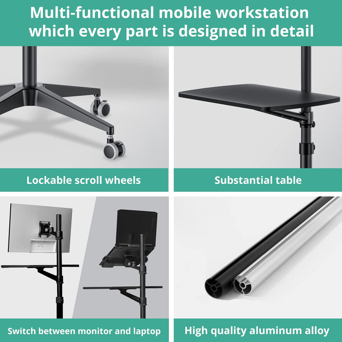 Viozon Mobile Desk,Mobile Workstation,Mulitiuse Rolling Laptop Floor Stand,34"-48.6" Height Adjustable,Compatible with 17"-27" Monitor&12"-17" Laptop,21"×14" Desk,Maxload 17.6lbs,4 Lockable Wheels B