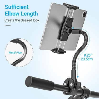 INSSKY All-Metal Gooseneck Spin Bike Tablet Holder, Mount for Exercise/Stationary Bike, Elliptical, Peloton, 360° Flexible Long Arm, Heavy-Duty No-Shake, Fit for iPad Pro/Air/Mini & 6.1-15.6" Devices