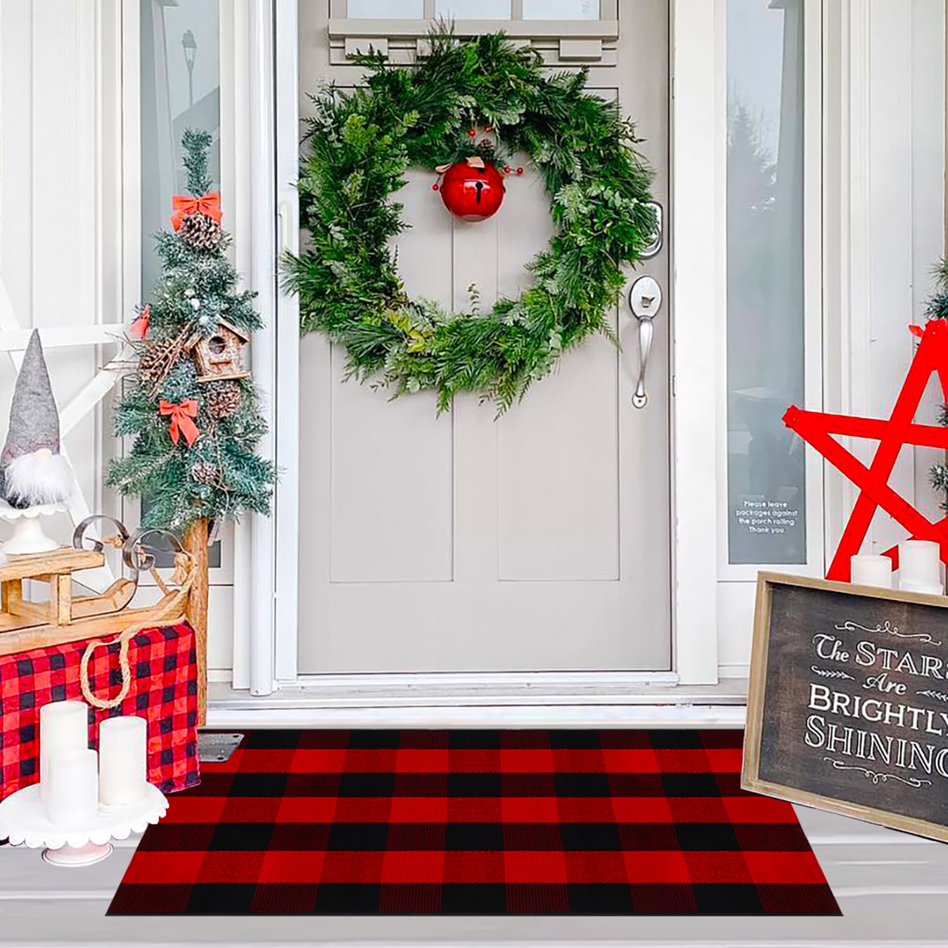 Ckorzen Red Green and White Plaid Rug, 28" x 43" Christmas Front Porch Outdoor Rug, Handwoven Cotton Washable Rug for Layered Door Mats, Holiday Entryway and Home Décor