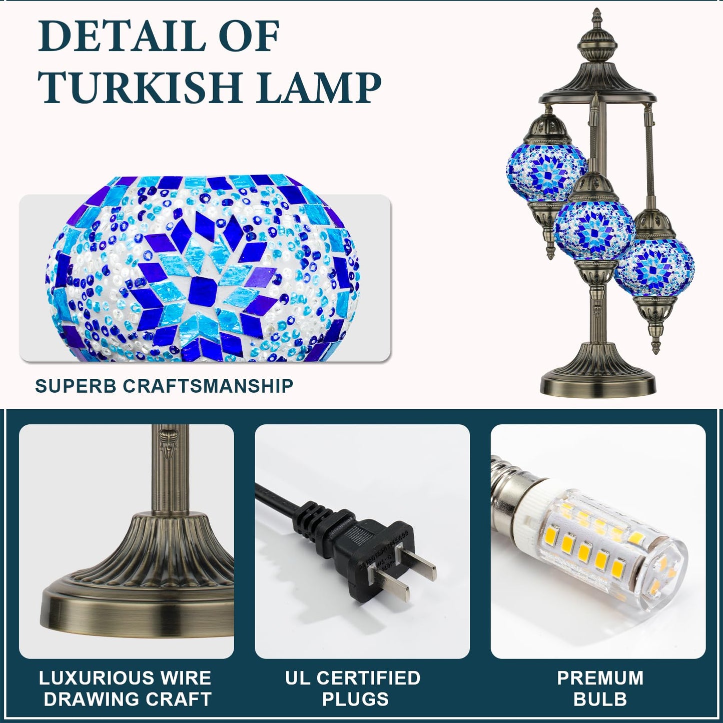 Marrakech Turkish Lamp 3 Globes Moroccan Table Lamp with Bronze Base, 23" Tall Handmade Blue Tiffany Mosaic Glass Night Light Fixture Including LED Bulb for Living Room Bedroom Decor