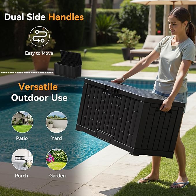 NEWBULIG 60 Gallon Deck Box, Waterproof Outdoor Storage Box with Lockable Lid, Patio Furniture Bench & Side Table, Outside Storage Container, Tool-Free Assembly, for Garden, Pool, Black