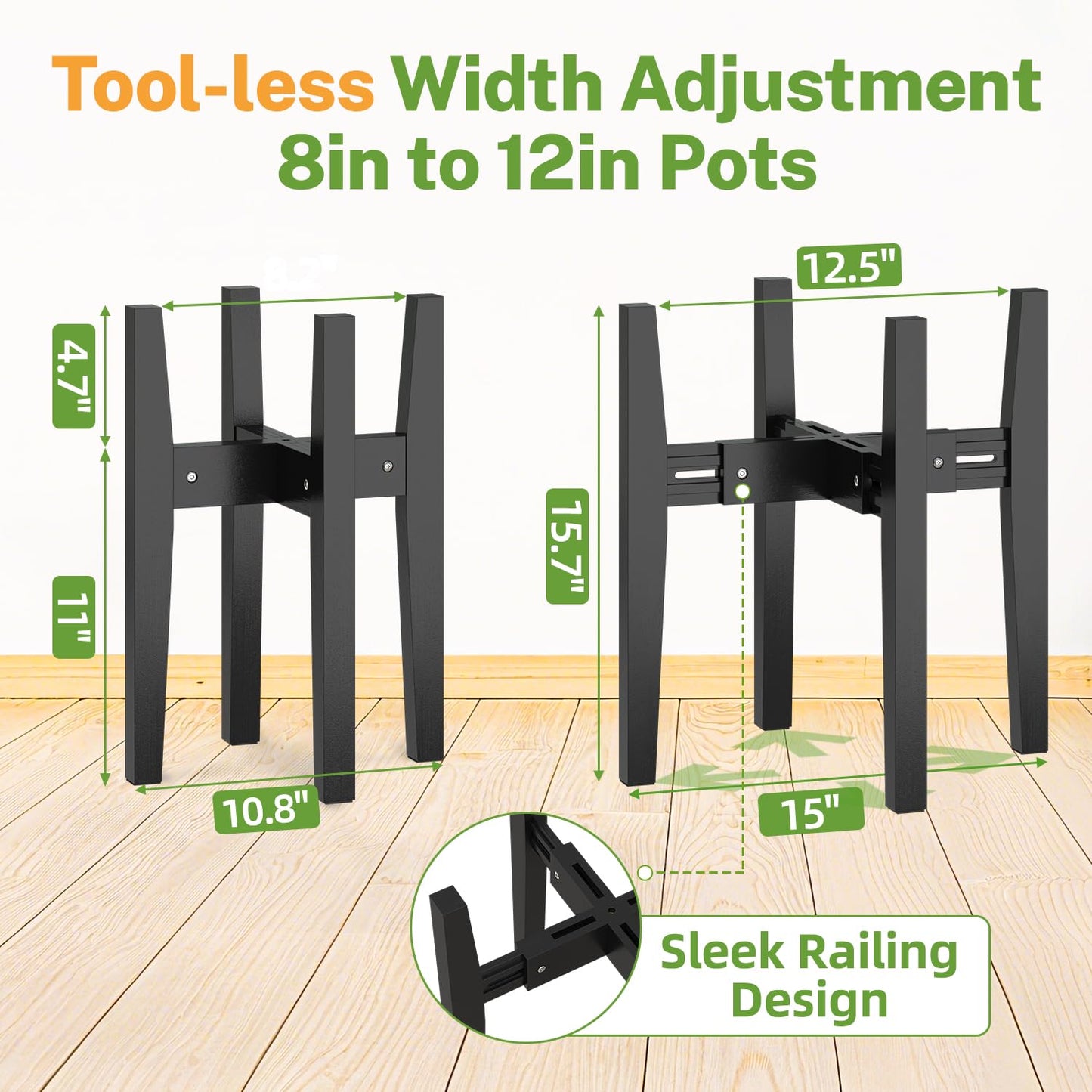 iDavosic.ly Adjustable Plant Pot Stand Indoor Outdoor, Mid Century Modern Bamboo Short Single Flower Holder Fits 8 to 12 Inch Large Heavy Duty Planter (Not Included) | Black