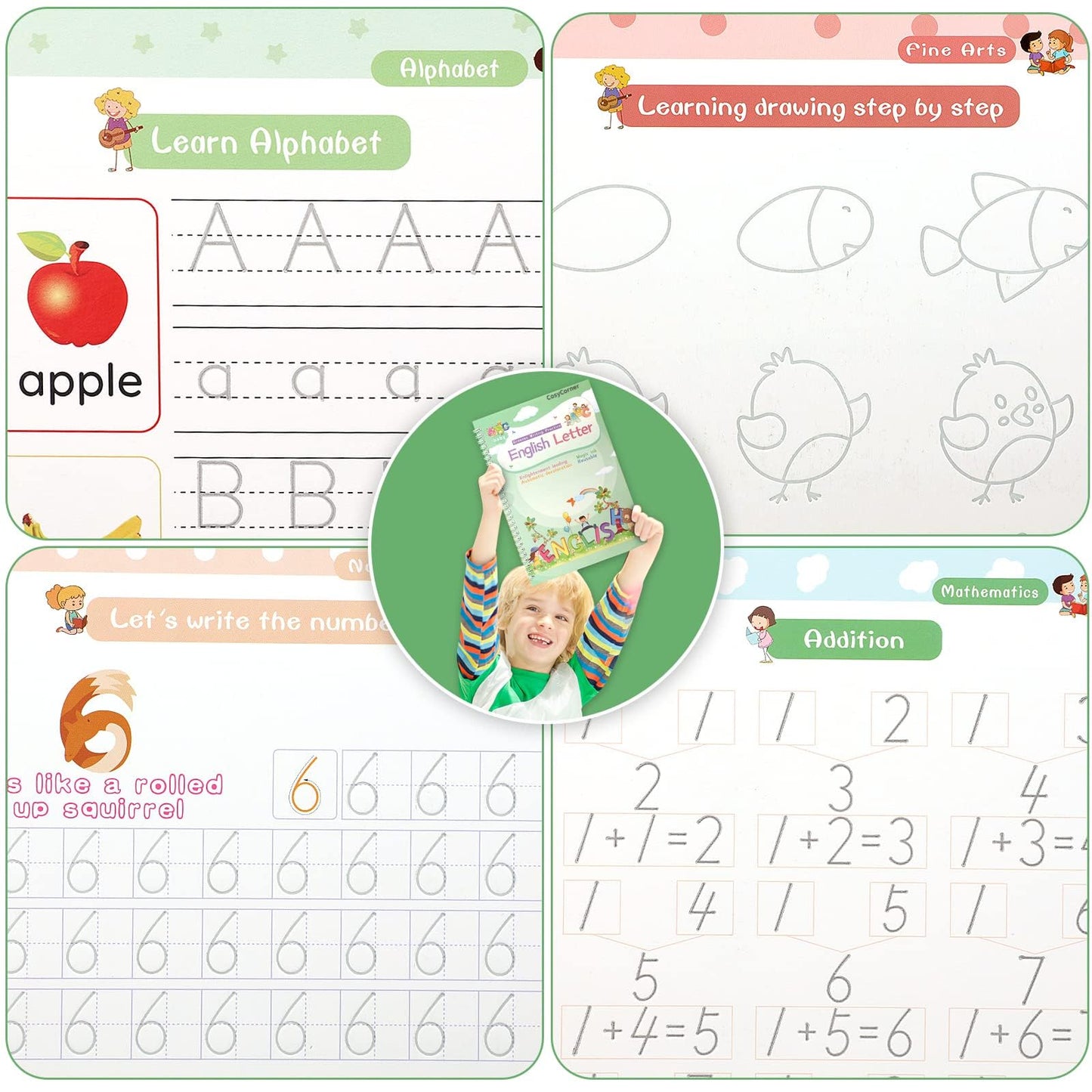Magic Ink Copybooks for Kids Reusable Handwriting Workbooks for Preschools Grooves Template Design and Handwriting Aid Magic Practice Copybook for Kids The Print Writing (4 Books with Pens)