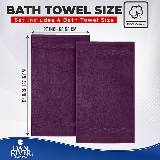 DAN RIVER Bath Towels Set of 4, 27 x 54 Inches, 100% Cotton, Larger & Lighter