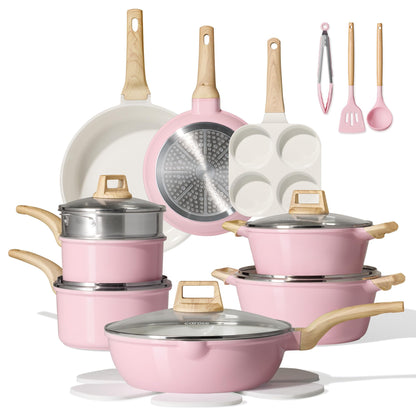 CAROTE 21 PCS Ceramic Cookware Set, Pots and Pans Set Non Stick, Pot and Pan Set with Frying pan, Induction Ready Cooking Set for Kitchen, PFOS/PFOA/PFAS Free, Pink