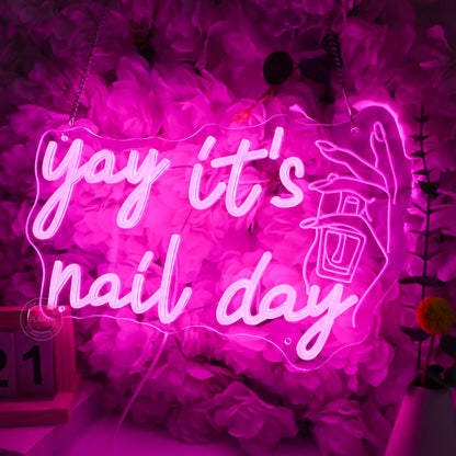 Planzo Yay It’s Nail Day Neon Sign Nail Tech Spa Salon Studio Beauty Business Stores Logo Barber Shops LED Wall Sign Girl Bedroom Neon Light Wall Decor Lady Birthday Christmas Gift 5V USB 15.75" Pink