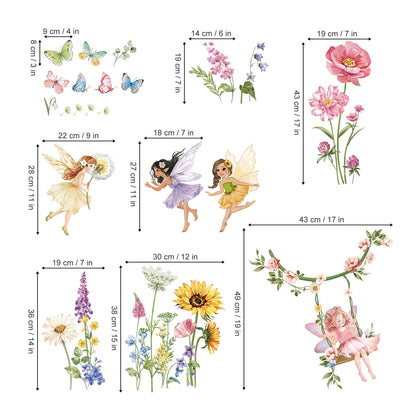 decalmile Flower Fairy Wall Decals Butterfly Girl with Wildflower Sunflower Wall Stickers Girls Bedroom Baby Nursery Kids Room Wall Decor