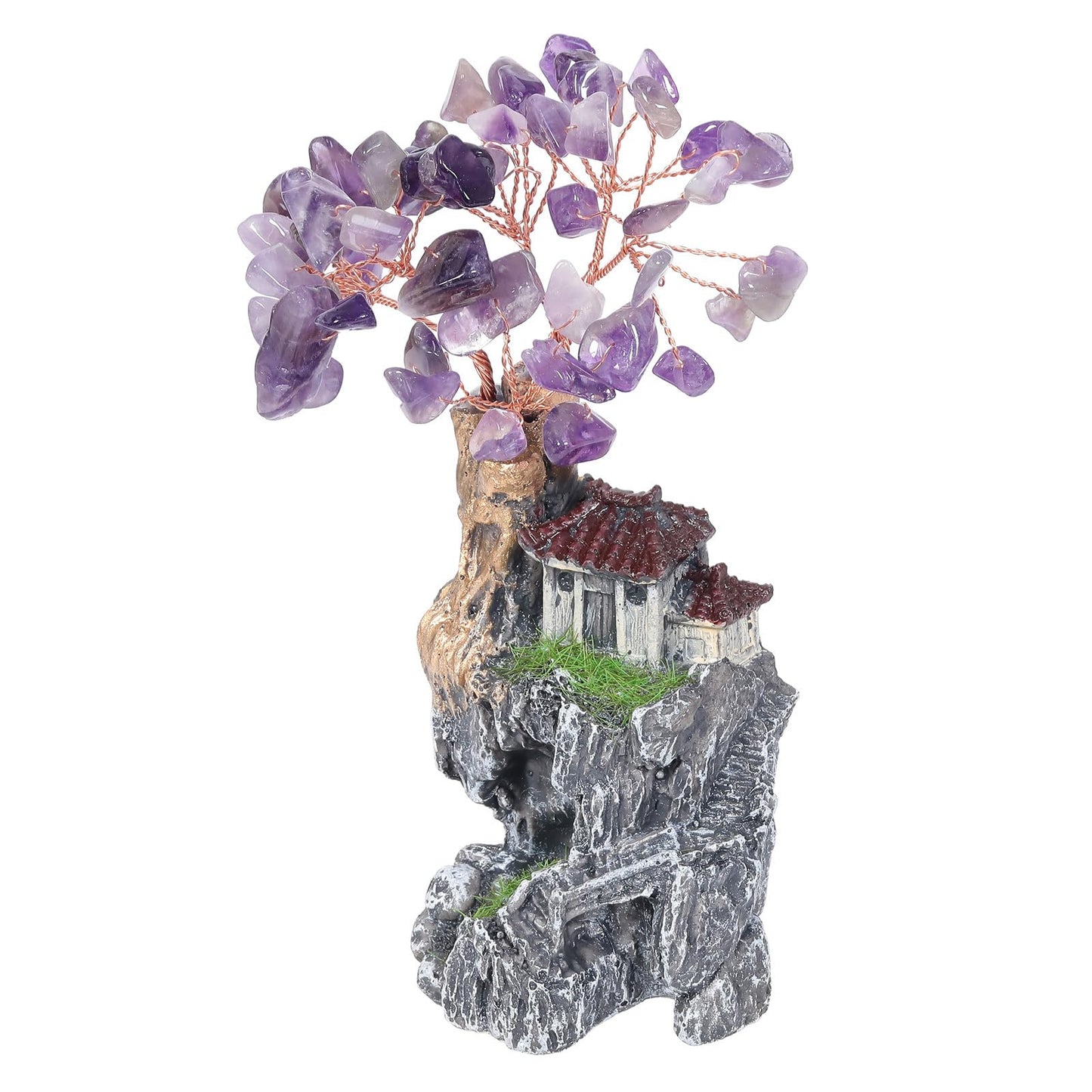 SUNYIK Resin Mountain Tree Fairy House Decor Chakra Crystal Money Tree Miniature Figurine Household Landscape Decor Indoor Garden Village, Amethyst