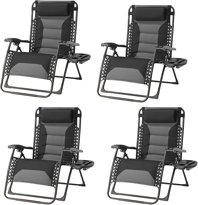 Zero Gravity Chair Set of 4 Oversized Padded Recliner with Adjustable Headrest & Cup Holder - 600D Oxford Folding Lounge Chair for Outdoor Camping, Patio, Poolside (Black & Gray)