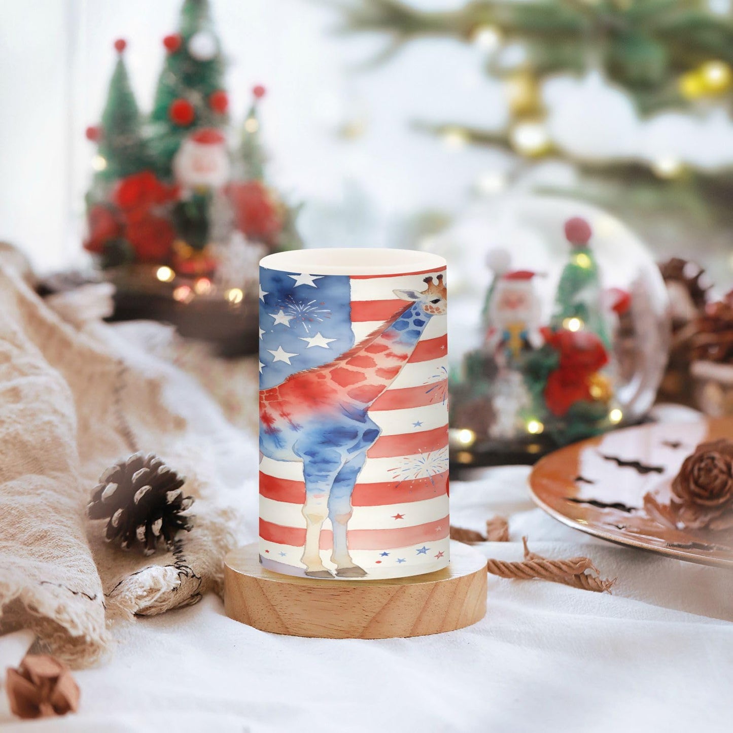 JULYTO Flameless Candles with Remote and Timer Pillar Set of 2 Flag Giraffe Fireworks Flickering Led Battery Operated Candles for Home Holiday Party Wedding (Not Include Battery),