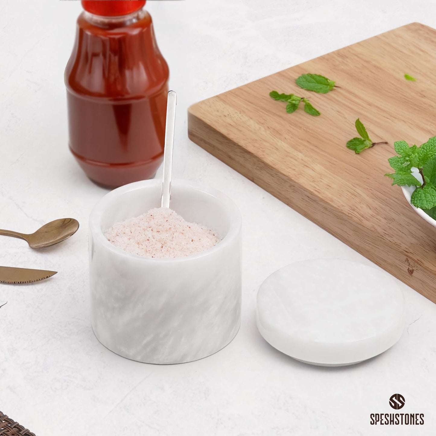 SPESHSTONES White Marble Salt Cellar 3 Inch Handmade Stone Salt Containers for Countertop, 5.2 oz Sugar Jar with Lid and Spoon, Salt Bowl, Marble Salt Holder to Store Spice, Table & Flaky Salt