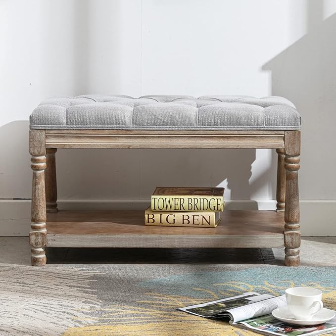 Farmhouse Storage Bench Wooden Entryway Linen Upholstered Ottoman Button Tufted