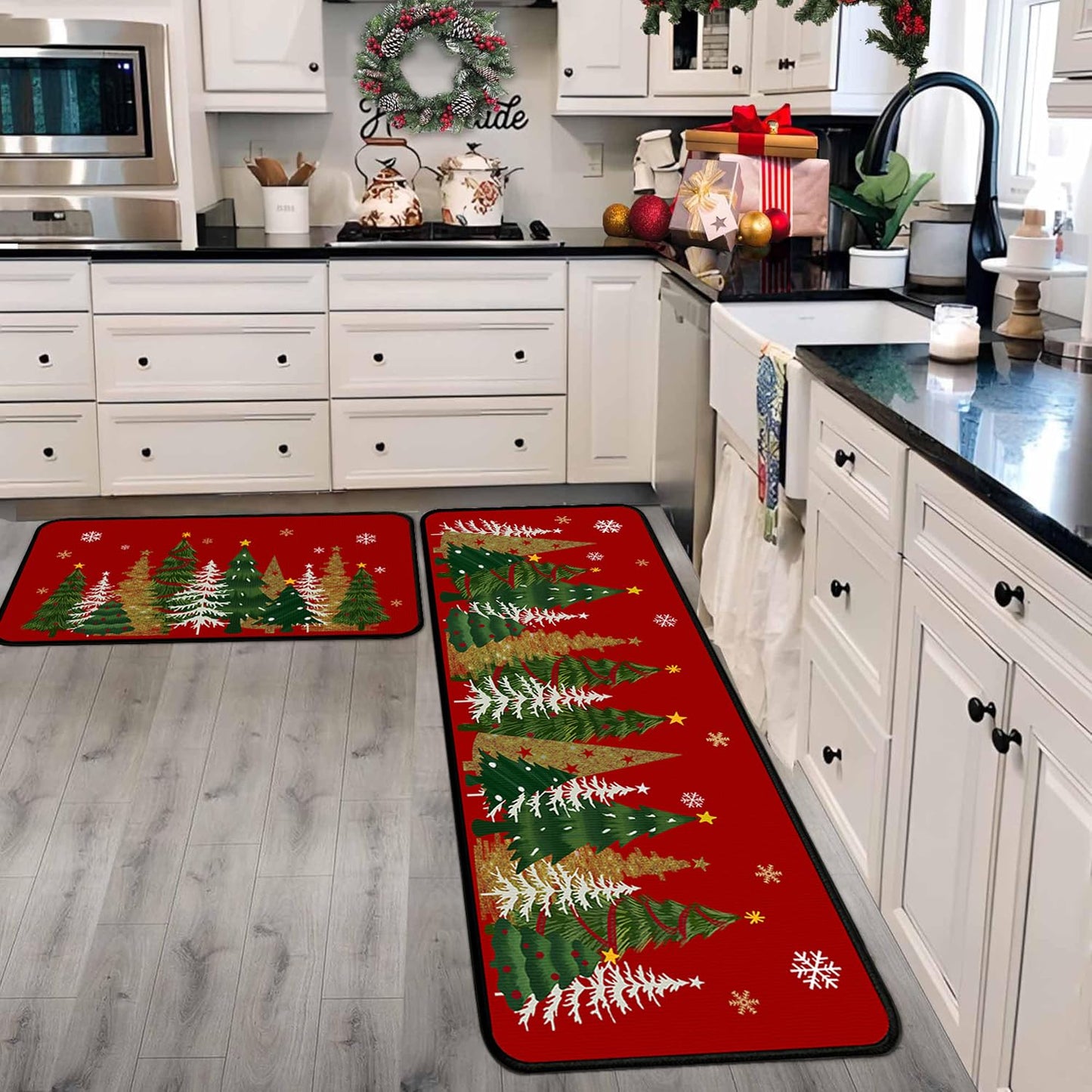 Lingcetger Christmas Kitchen Mats for Floor,Xmas Tree Kitchen Rugs Sets of 2,Red Christmas Non-Slip Kitchen Decor Floor Rug Home Decoration Doormat