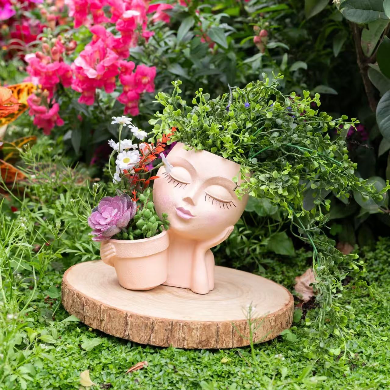 LaulaEnderay Face Plant Pots for Indoor Outdoor Plants, Resin Head Planter with Drainage Hole, Unique Cute Lady Face Plant Pots, Home Garden Decoration Succulents Cactus Planters Skin