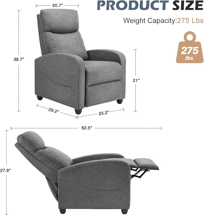 Sweetcrispy Massage Recliner Chair for Adults, Adjustable Home Theater Seating with Lumbar Support for Living Room, Modern Fabric Reclining, Cool Gray