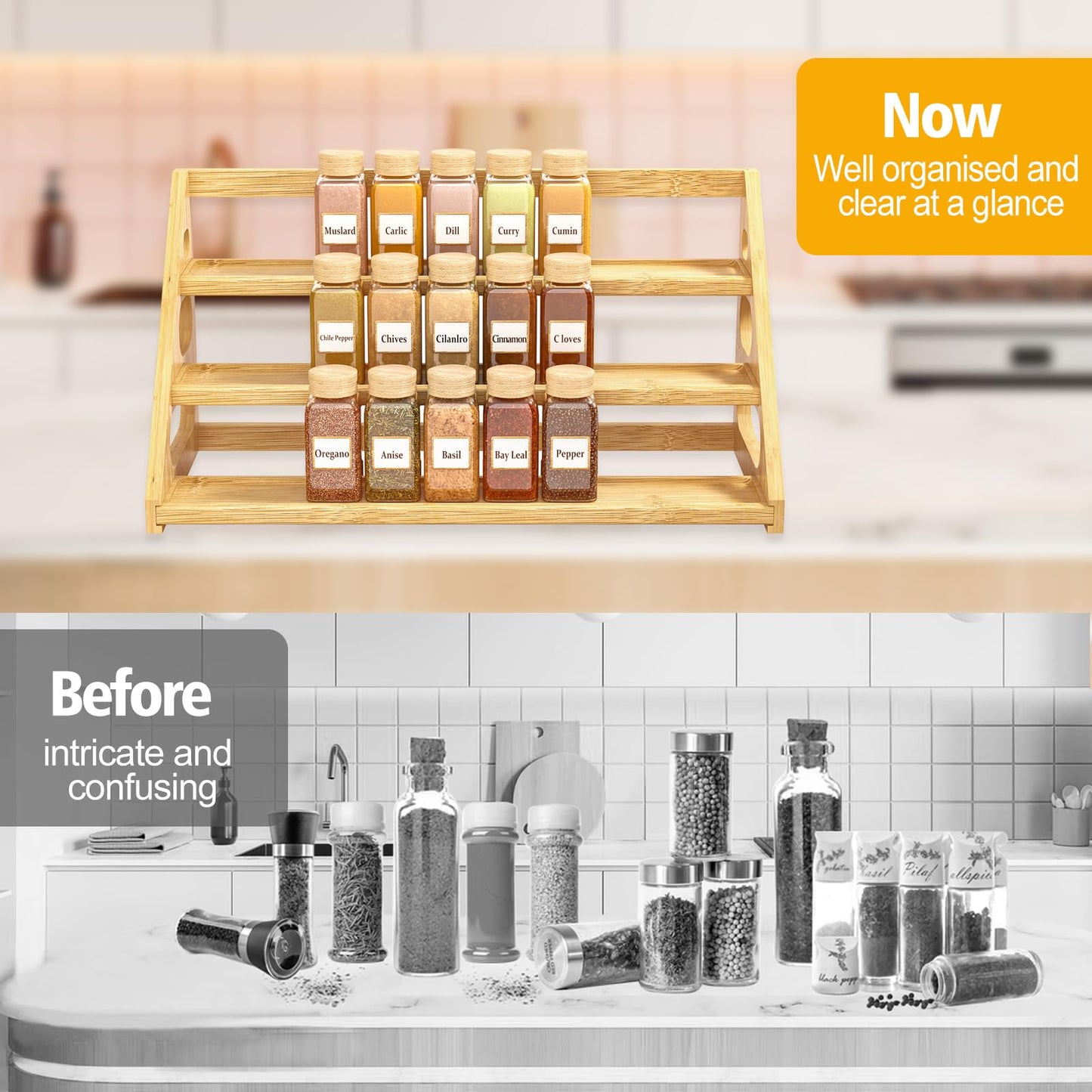 Banlilus Premium Spice Rack - 3 Tier Bamboo Spice Rack Organizer - Spice Organization for Kitchen Cabinet/Countertop