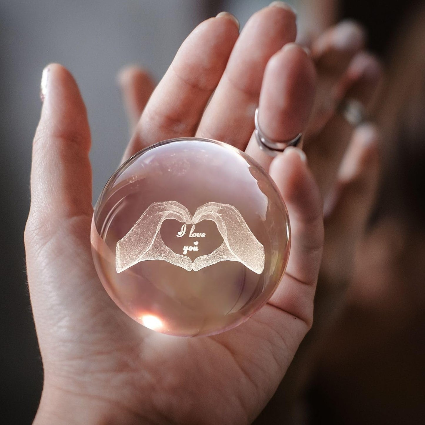 Flexzion 3D Love Crystal Ball Night Light 80mm (3.15 Inch), LED Glass Sphere Lamp with Solid Wood Base, USB Powered Adjustable Brightness Desk Decor Gift