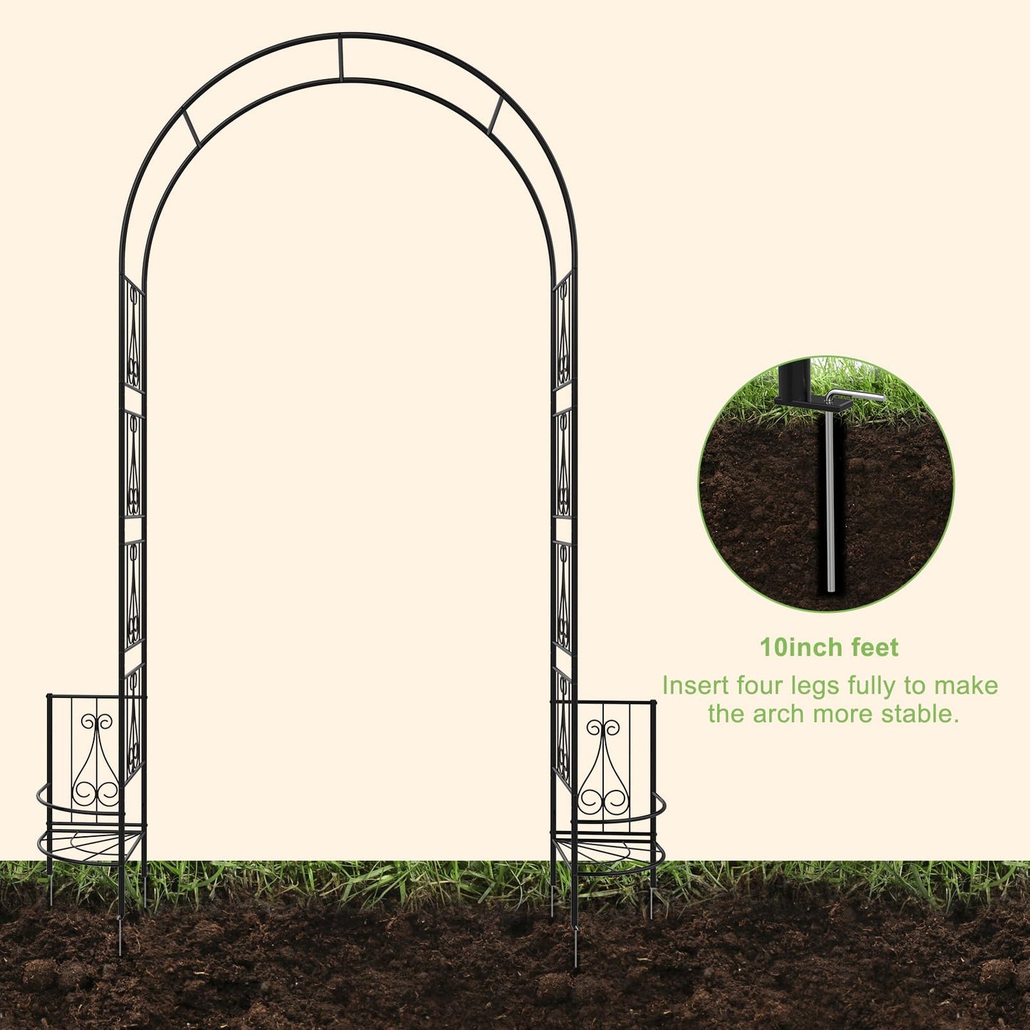 OUSHENG 8FT Metal Garden Arch Trellis with Planter Boxes for Climbing Plants Outdoor, Heavy-Duty Wedding Arch Backdrop Stand for Ceremony, Party, and Garden Decorations, Rust-Resistant Black Pergola