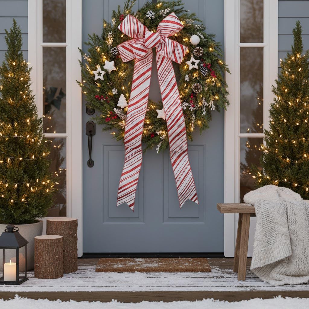 ALTIER 2.5 Inch x 40 Yards White Satin Red Glitter Stripes Wired Ribbon for Christmas Home Decoration Gift Wrapping Bow Making Wreath DIY Crafts