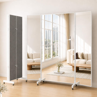 Fitcleer 71”x67” Rolling Full Length Mirror, 3-Way Foldable Glassless Nano Design, Ultra-Light Mirror with Wheels for Home Gym, Dance Studio & Workout Room, White