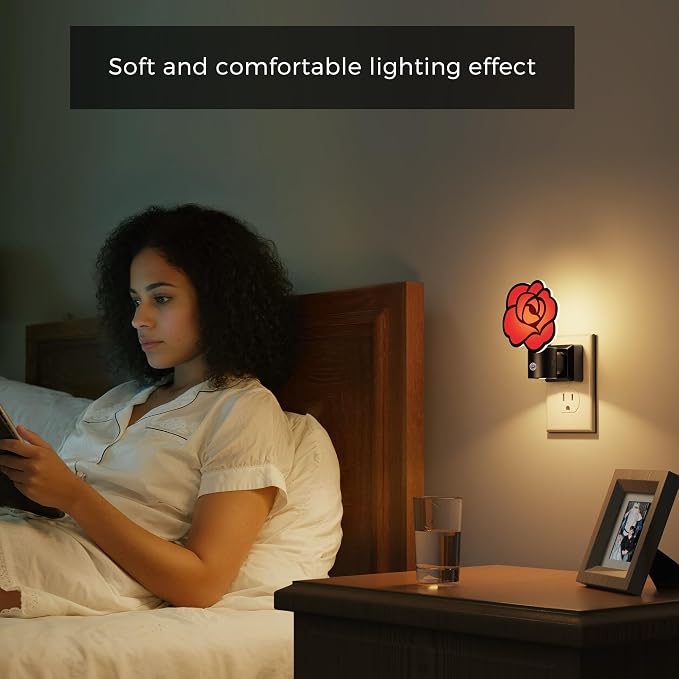 L LOHAS LED Red Rose Night Lights Plug into Wall, Gothic Rose LED Night Light with Dusk‑to‑Dawn Sensor, Adjustable Brightness, 350° Rotatable Plug in Nightlight for Bedroom Hallway Bathroom (2 Pack)