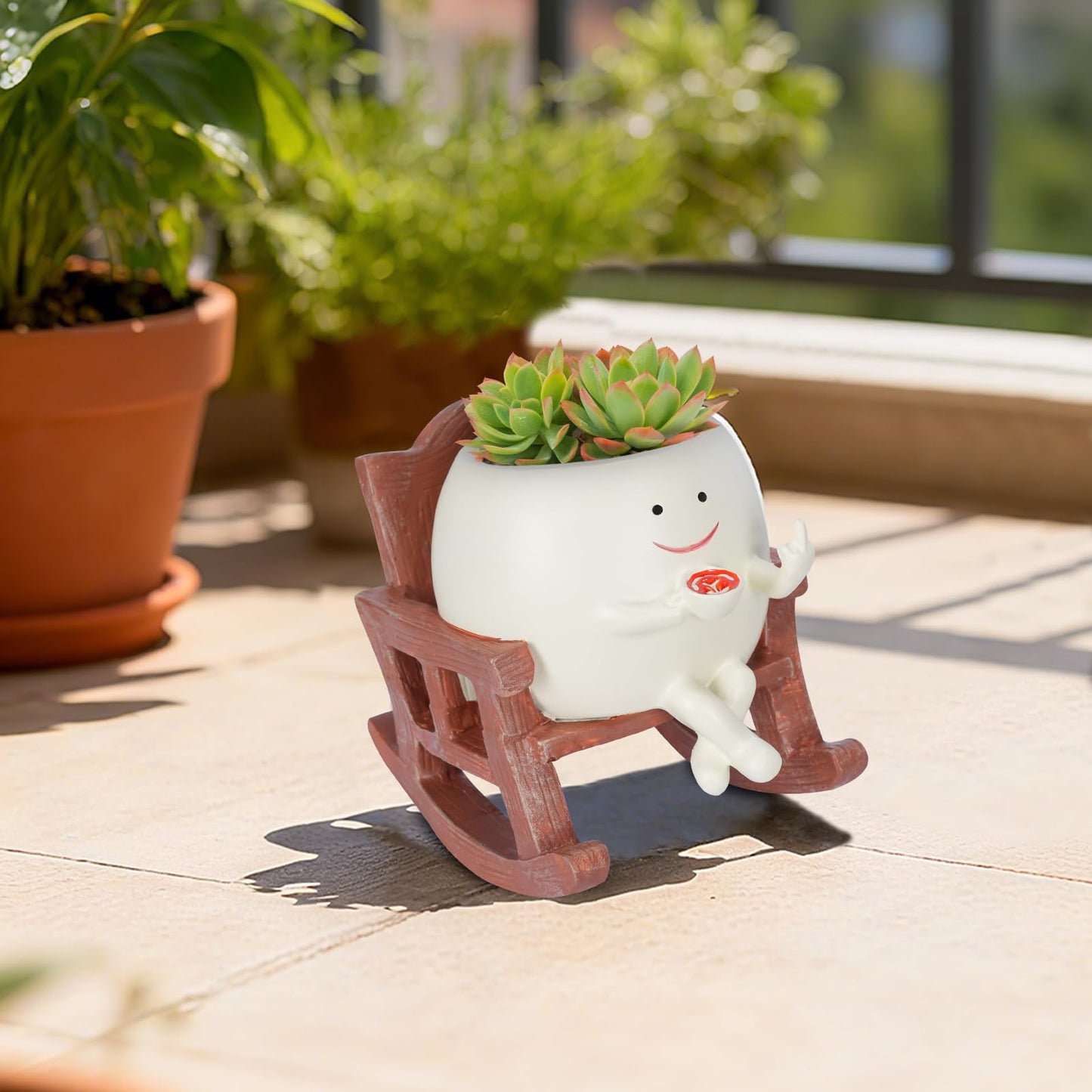 Heakrit Smiley Face Plant Pots, Cute Resin planters for Indoor Outdoor, Unique Rocking Chair Succulent Pots with Drainage Hole, Gift IdeaI for Family and Friends, Brown