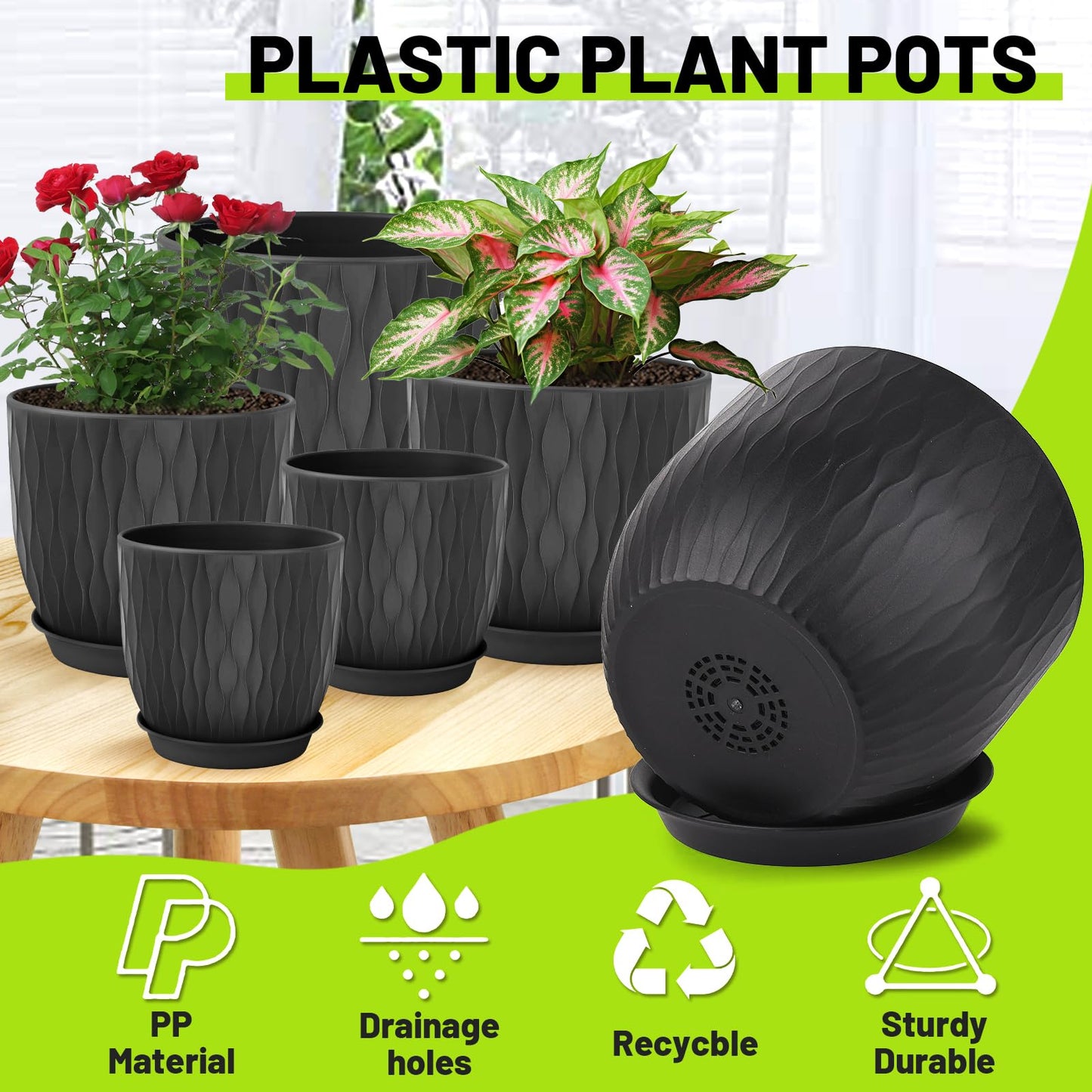 LESOASIS Plastic Plant Pots 10/9/8/7.5/7 inch Set of 5, Flower Planters with Drainage Holes and Saucers, Plastic Pots for Indoor Outdoor Plants, Livingroom Garden Decor (Black)