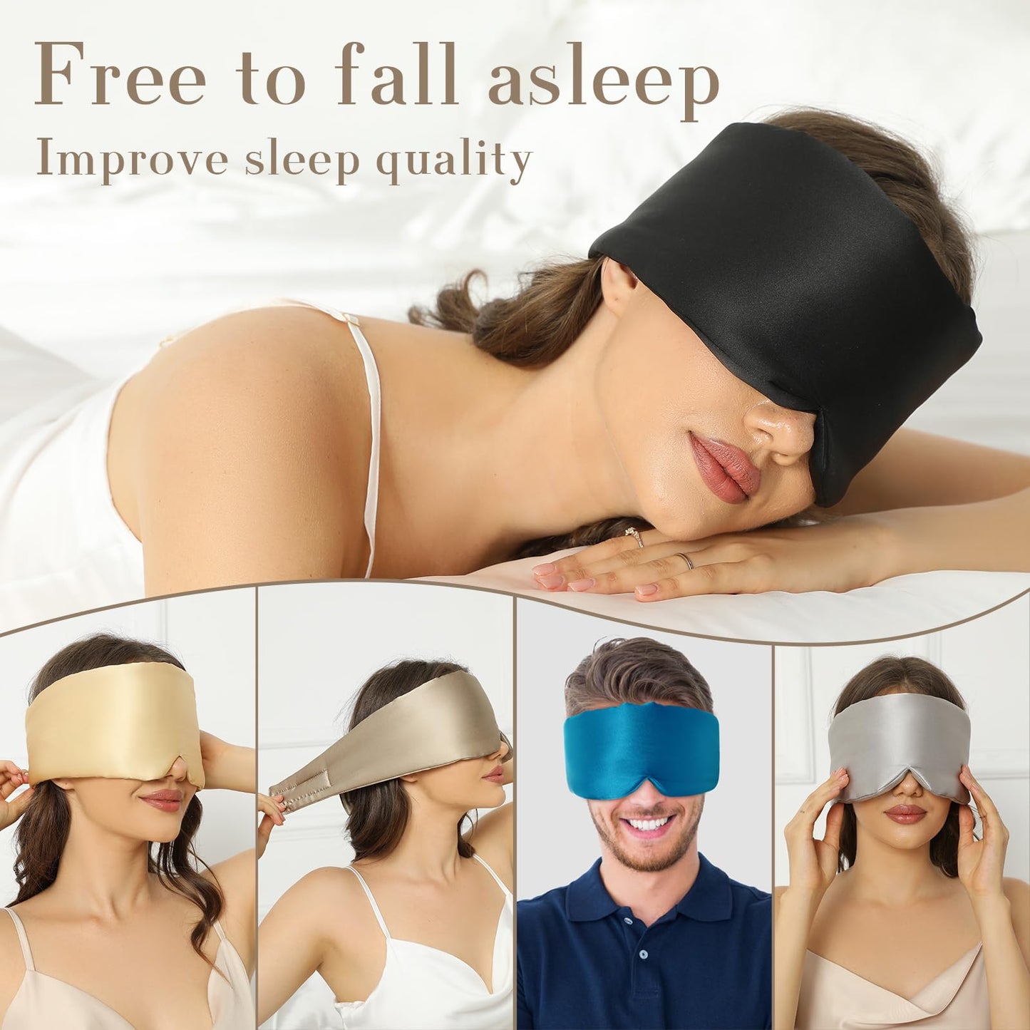 100% Mulberry Silk Sleep Mask Eye Mask for Women Man with Adjustable Band, for Side Sleeper Blackout Sleep Mask for Travel Rest and Office Large Size (Taupe)