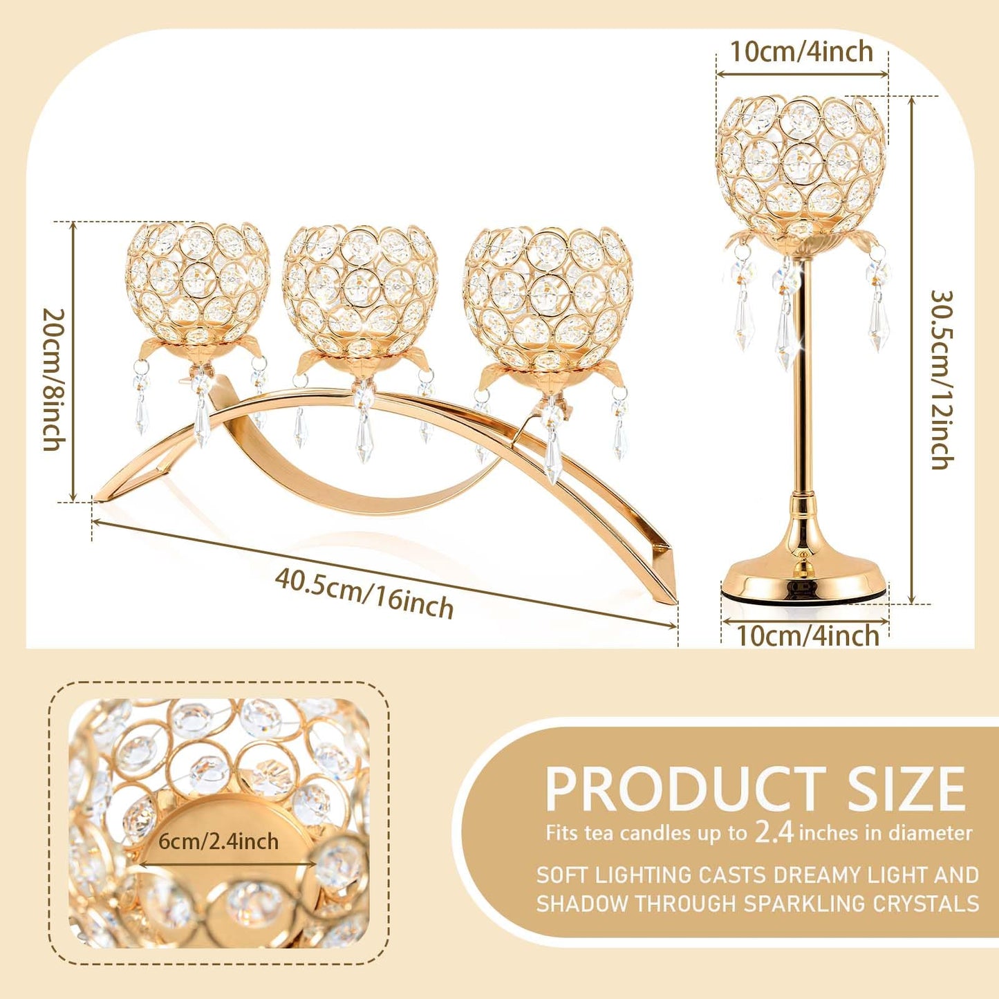 Kehail Set of 3 Gold Crystal Tea Light Candlestick Holders Flower Shape with Crystal Pendant Bowl Votive Metal Candle Holder for Table Centerpieces Wedding Home Decor (Set of 3, Gold)