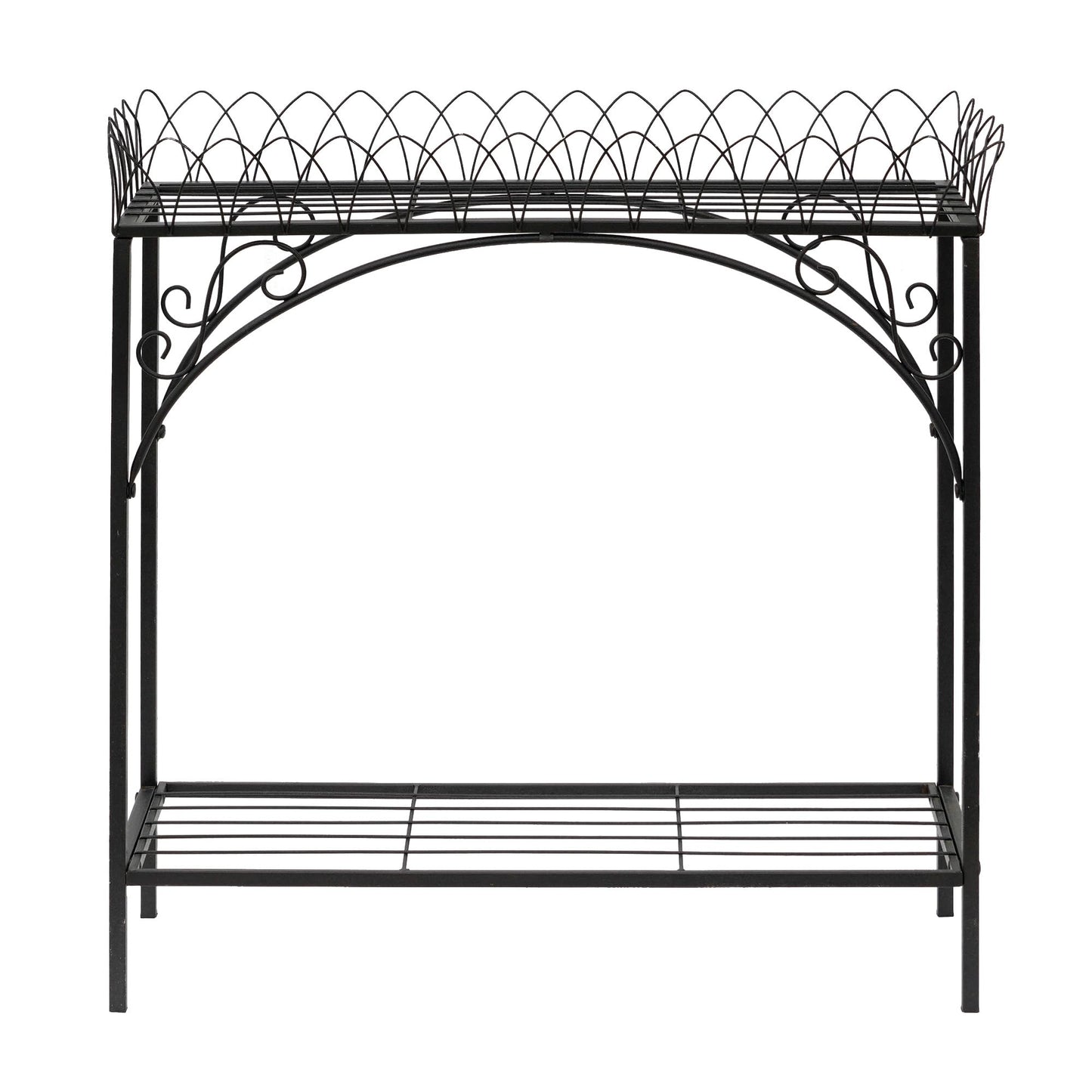 Black Long Double-Layer Plant Shelf, French Courtyard Style Metal Stand for Tall Potted Plants, Sturdy Indoor Outdoor Planter Holder Garden Decor