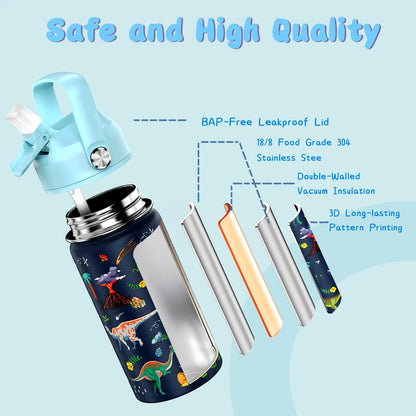ACESAK 14oz Kids Insulated Water Bottle with Straw Lid - 18/8 Stainless Steel Kid Cup Travel Tumbler Double Wall Vacuum Leak Proof Portable Toddler Water Bottle (Game + Dinosaur)