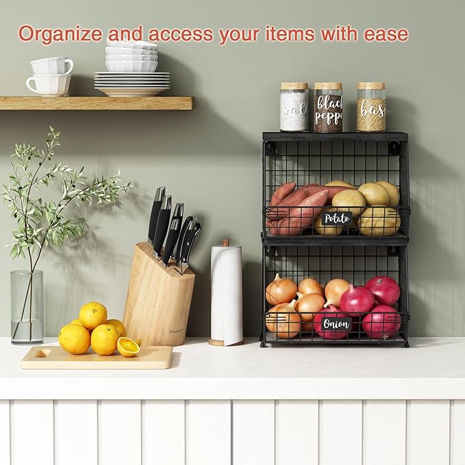 Black Kitchen Wall Hanging Storage Basket Set of 2, Rustic Stackable Kitchen