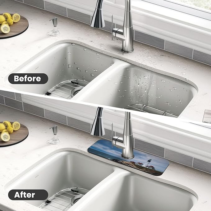 Kitchen Sink Splash Guard Faucet Mat Lighthouse Beach Sky 15"x5.5", Diatom Mat