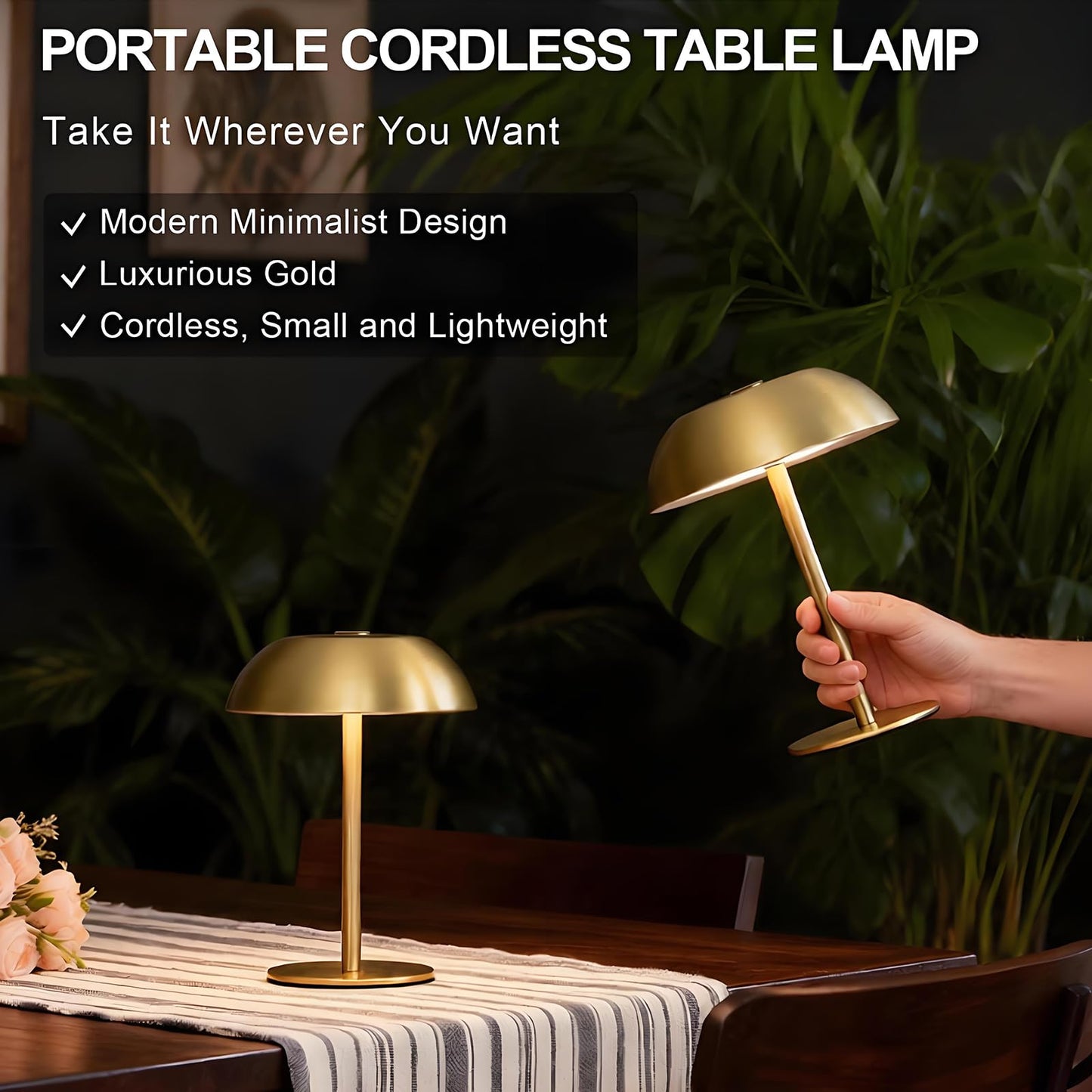 SisiHokai Small Rechargeable Lamp Cordless, LED Touch Battery Operated Table Lamp, Portable, Dimmable, Modern Home Decor, Desk, Bedroom, Bedside, Living Room, Kitchen, Patio, Restaurant, Bar, Gold