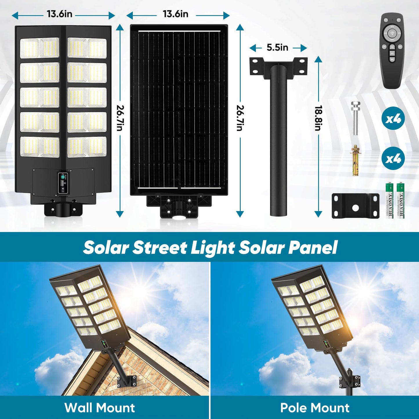 2 Pack 26" Large Solar Street Lights Outdoor Waterproof - 9000W 120000LM Solar Powered Parking Lot Light Dusk to Dawn,Motion Sensor Commercial LED Solar Flood Lights Remote Control