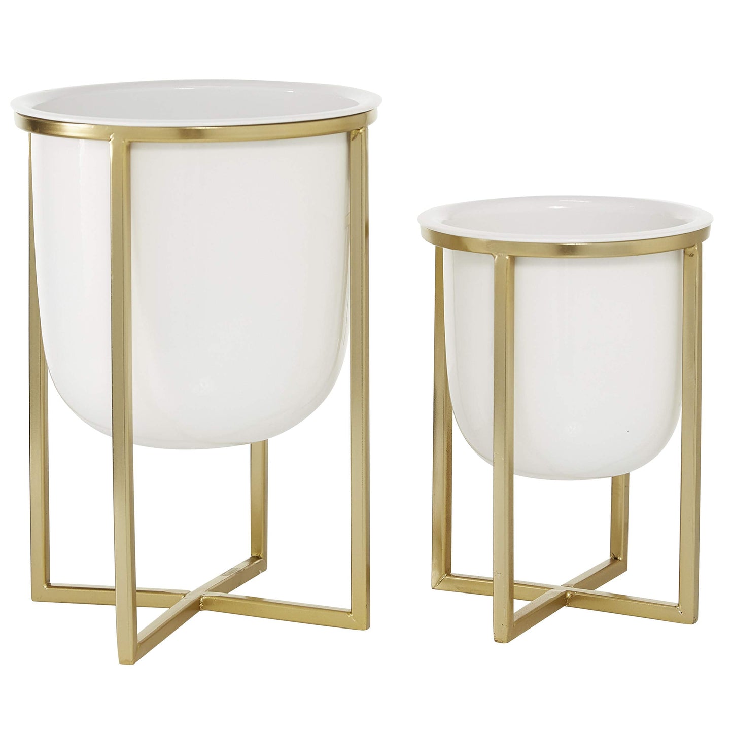 CosmoLiving by Cosmopolitan Metal Indoor Outdoor Planter Dome Small Planter Pot with Gold X-Shaped Stands, Set of 2 Planters 12", 10"H, White