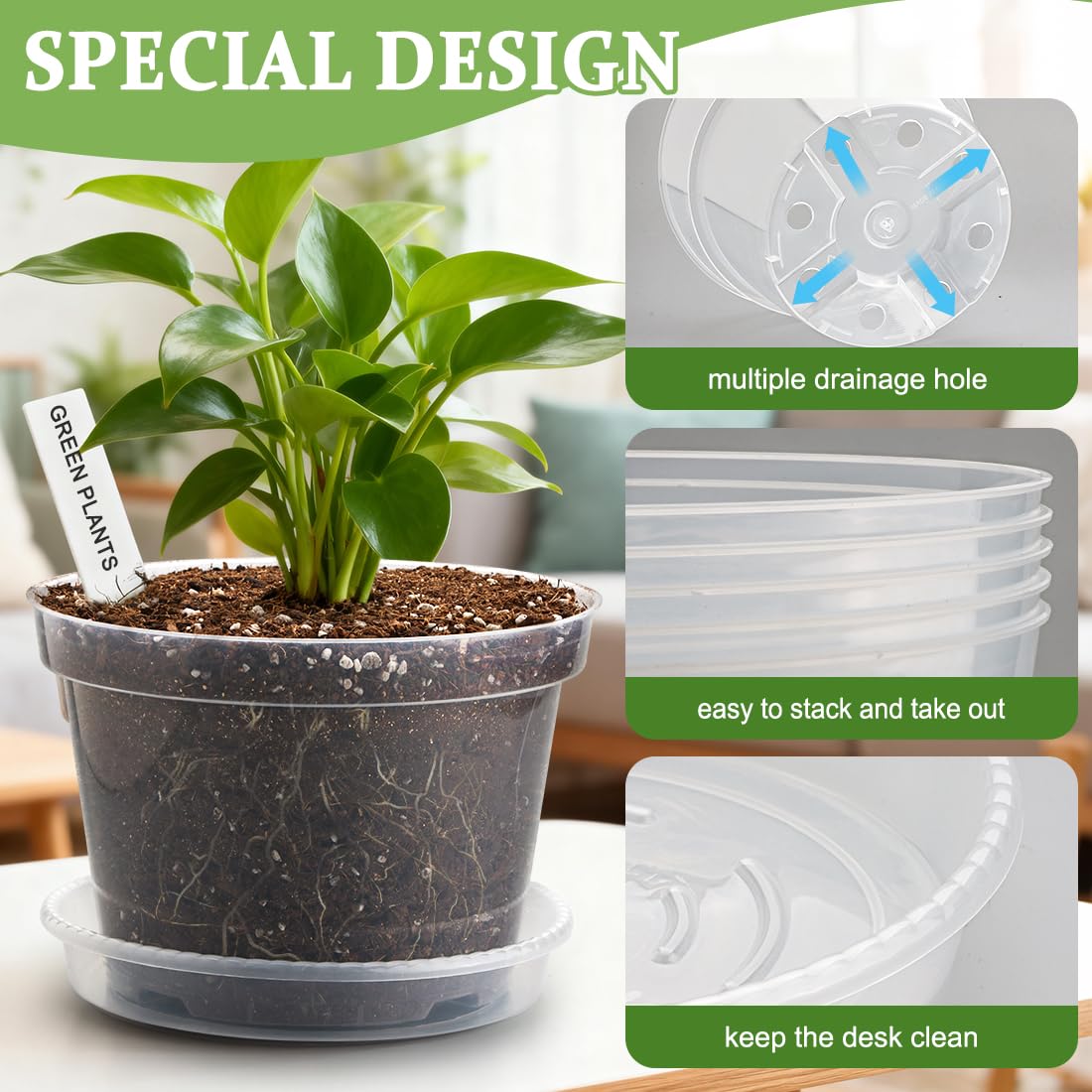 10/8/6 Inch Clear Plant Pots with Drainage Hole 12 Pack, Transparent Sturdy Plastic Nursery Pots with Saucers, Plant Label, Gardening Gloves, Plant Starter Pots for Planting Seed Herb Vegetable Flower