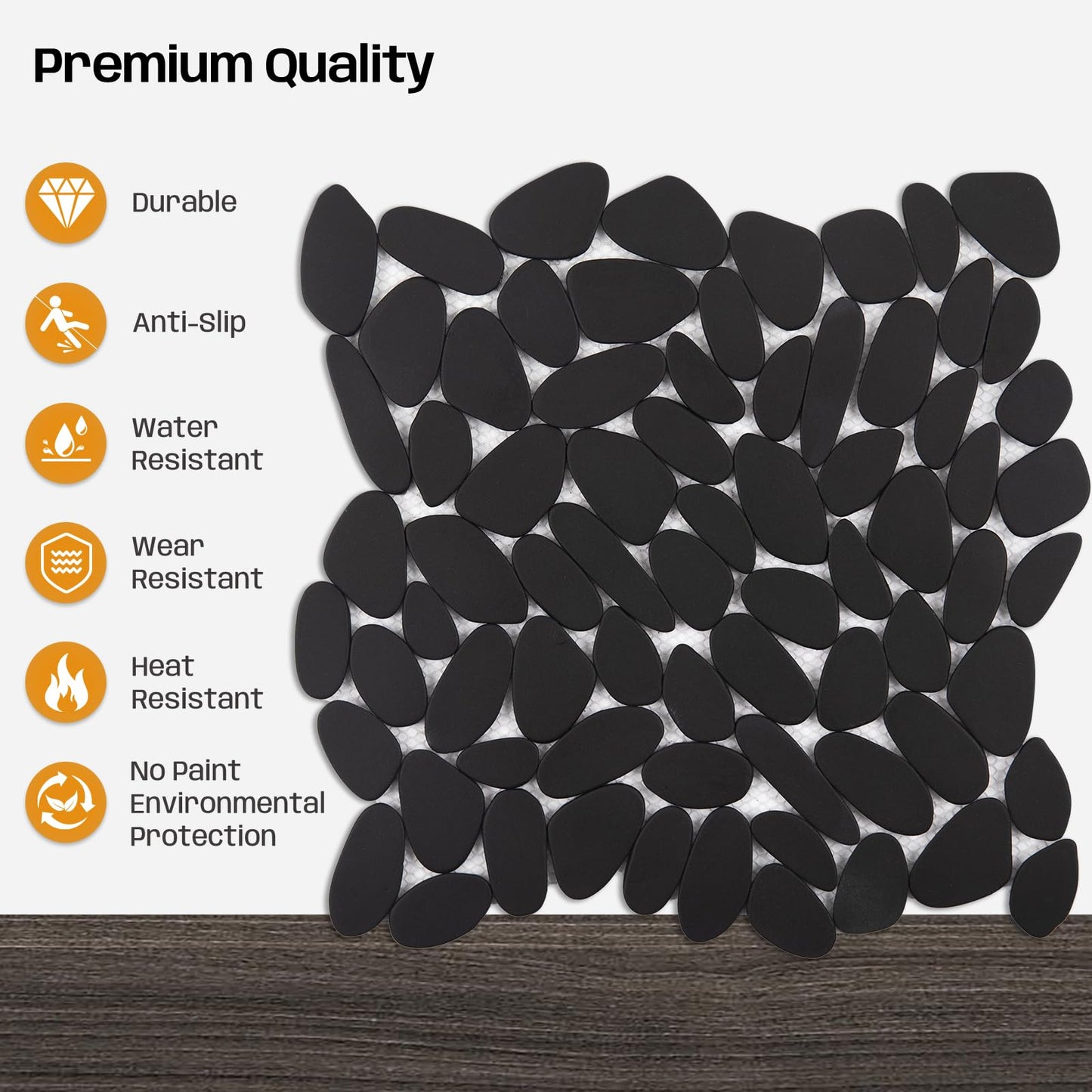 Adolif Pebble Tile for Shower Floor, Black Long Oval Pebble Mosaic Backsplash for Kitchen Bathroom Wall and Floor Tile and Outdoor Areas, 5 Sheets