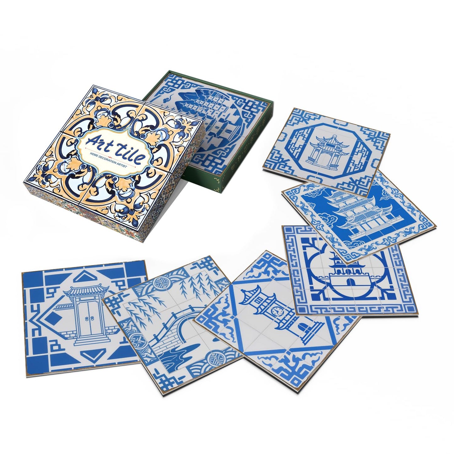 Decorative Blue White Tile Stickers Peel Stick with Chinese Pogada Pattern,Thickened Adhesive backsplash Tiles for Kitchen Furniture RV Vanity Fireplace Decor(5.91 * 5.91 in,12 pcs)