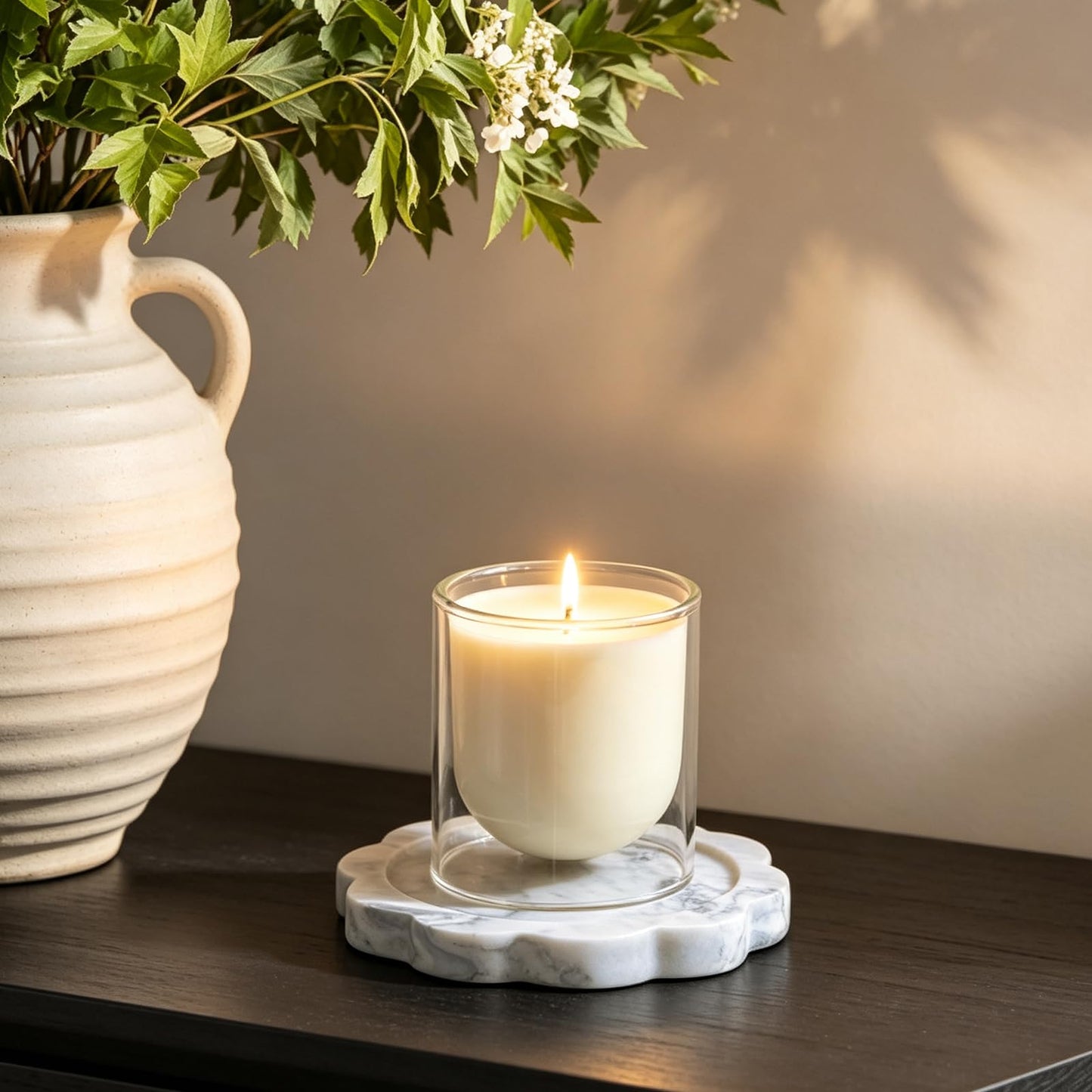 Natural Marble Candle Holder, Elegant Marble Scalloped Tray for Countertop, Solid Feel, Smooth Finish, Catchall for Jar Pillar Candles, Perfume, Key, Jewelry Dish, 6.3" Diameter
