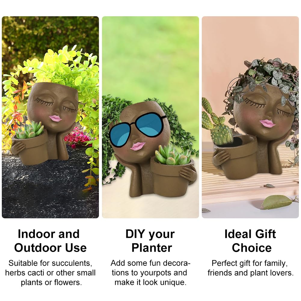 Rivonthex Lady Face Planter Pot with Dual Compartments, Resin, Indoor/Outdoor Succulent Planter, 6.3" x 4.3" x 6.7", with Drainage Holes (Brown, Small)