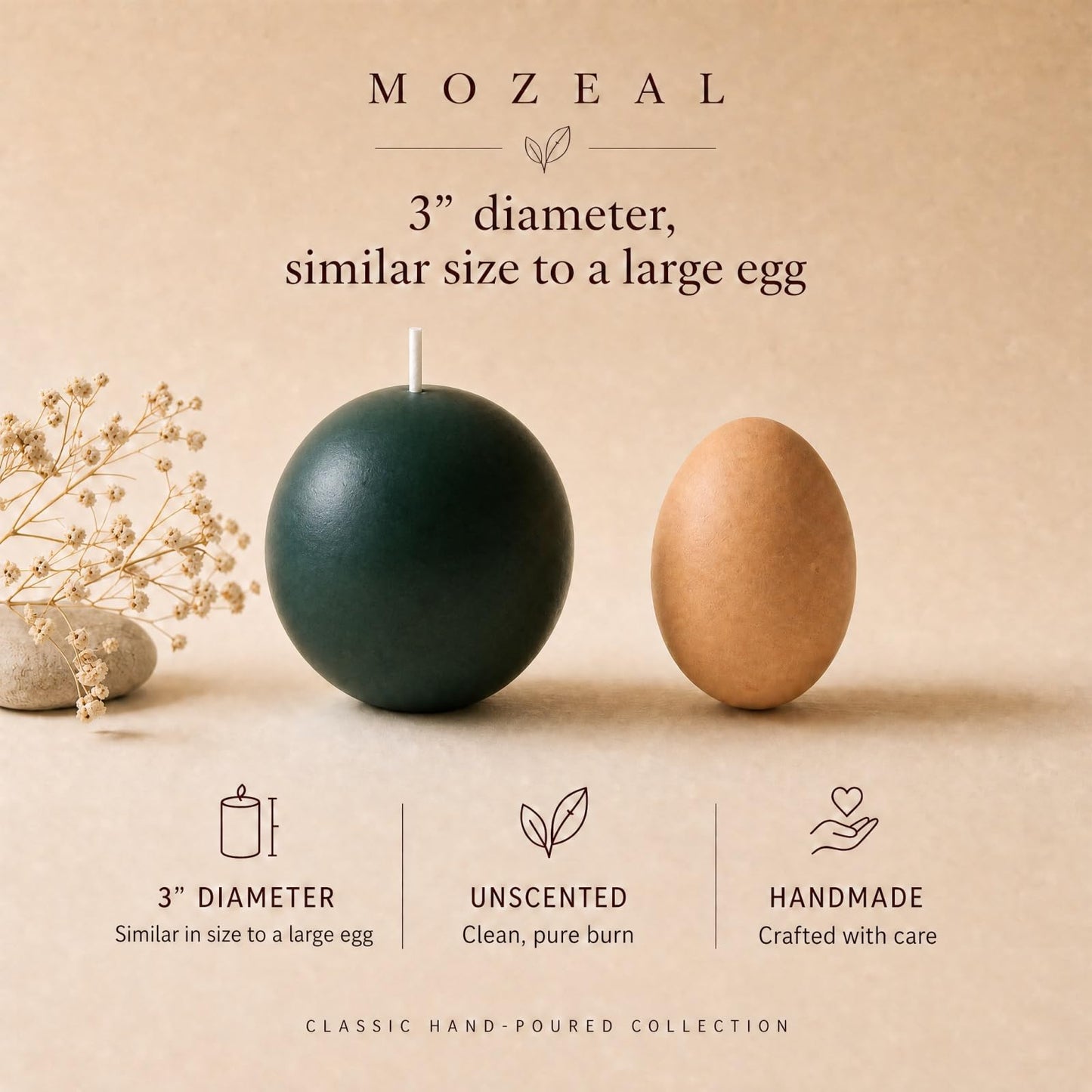 MOZEAL Hand-Poured, 3 Inch Dark Green Round Ball Candles - Elegant Dark Green Round Pillar Candles Set of 3, Dripless, Unscented, Smokeless, Ideal for Christmas Decor.