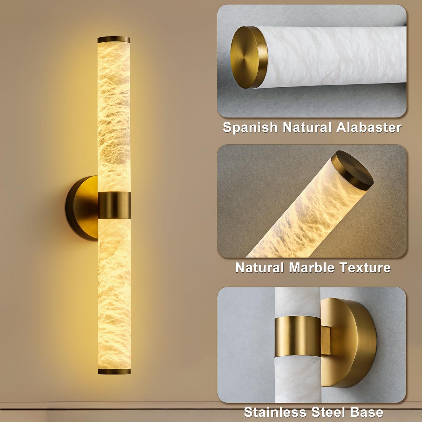OSRoyce Alabaster Wall Sconces, 24" Brass Wall Sconce, Cylinder Natural Spanish Marble Sconces Wall Lighting, Modern Gold Dimmable Wall Lights for Living Room Bedroom Bathroom Stairs Hallway Entryway