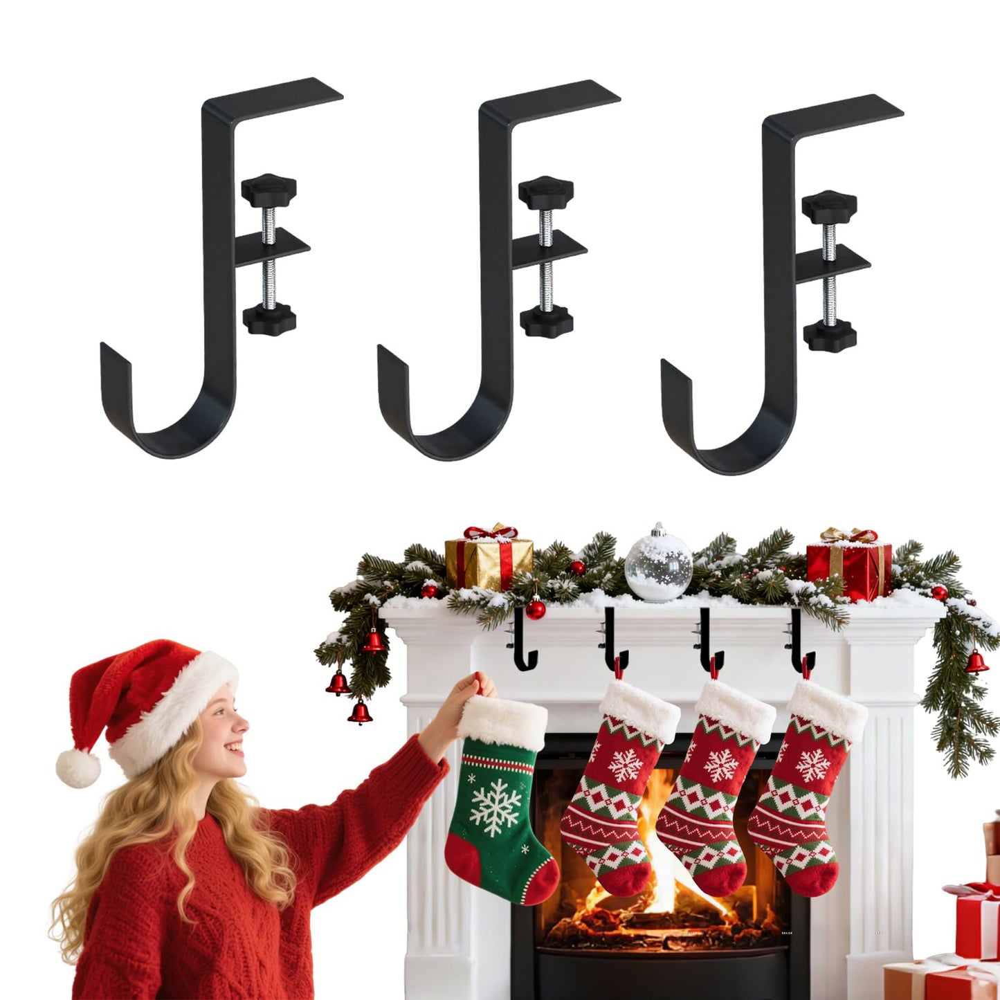 Stuzos Christmas Stockings Holder Hanger, Stocking Holders for Mantle,Mantle Garland Hanger,Garland and Stocking Hangers for Mantle, Fireplace Garland and Stocking Hanger (Style J, 3pcs)