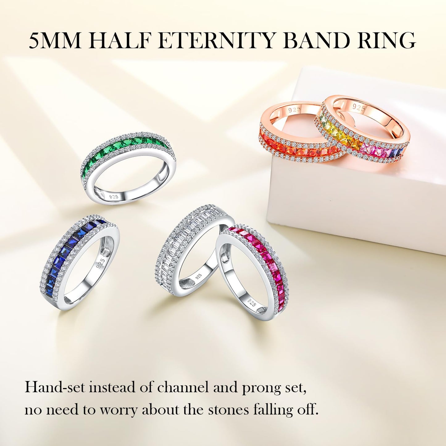RANDES Red Gemstone Ring Sterling Silver Anniversary Bands for Women 5mm Wide Channel Set Half Eternity Wedding Band Ruby Birthstone Rings Size 9
