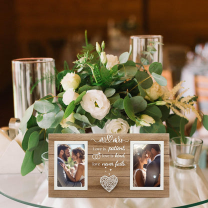 SOUHONEY Wedding Gifts for Couples 2026, Bridal Shower Gifts for Bride to Be, Wedding Picture Frame for Couple - Double 4x6 Pictures Frame - Wooden Couples Newlyweds Picture Frame with Heart Mr& Mrs
