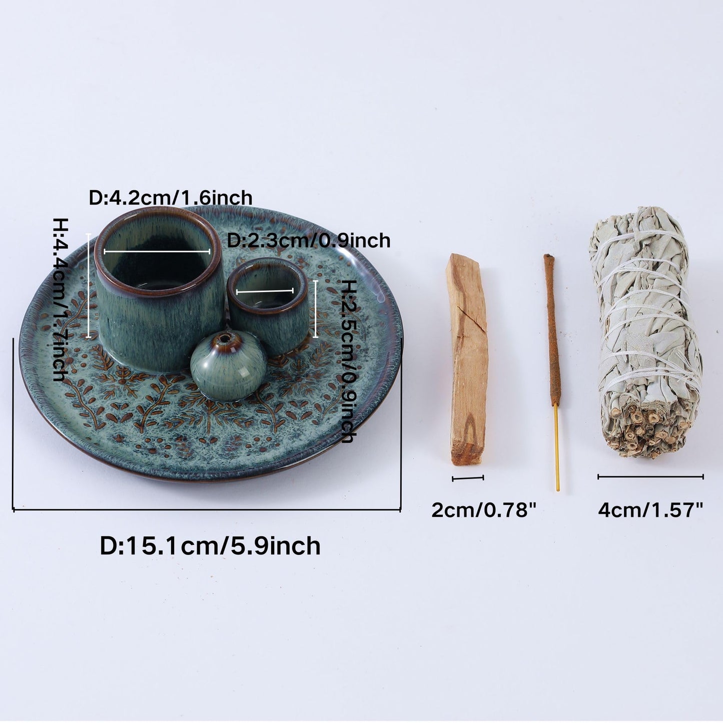 Reyife 5 in 1 Incense Holder Burner, 5.9" Ceramic Holder for Burning Palo Santo Sage Candle and Incense Sticks Cones, Ash Catcher Tray for Meditation Room Home Décor (Bluegrey)