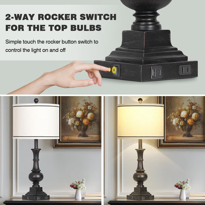 luxeflow Farmhouse Table Lamps Set of 2, Vintage Bedside Lamps with USB A+C Charging Ports & AC Outlet, 26" Rustic Nightstand Lamp for Living Room Bedroom End Table Wash Black(2 LED Bulbs Included)