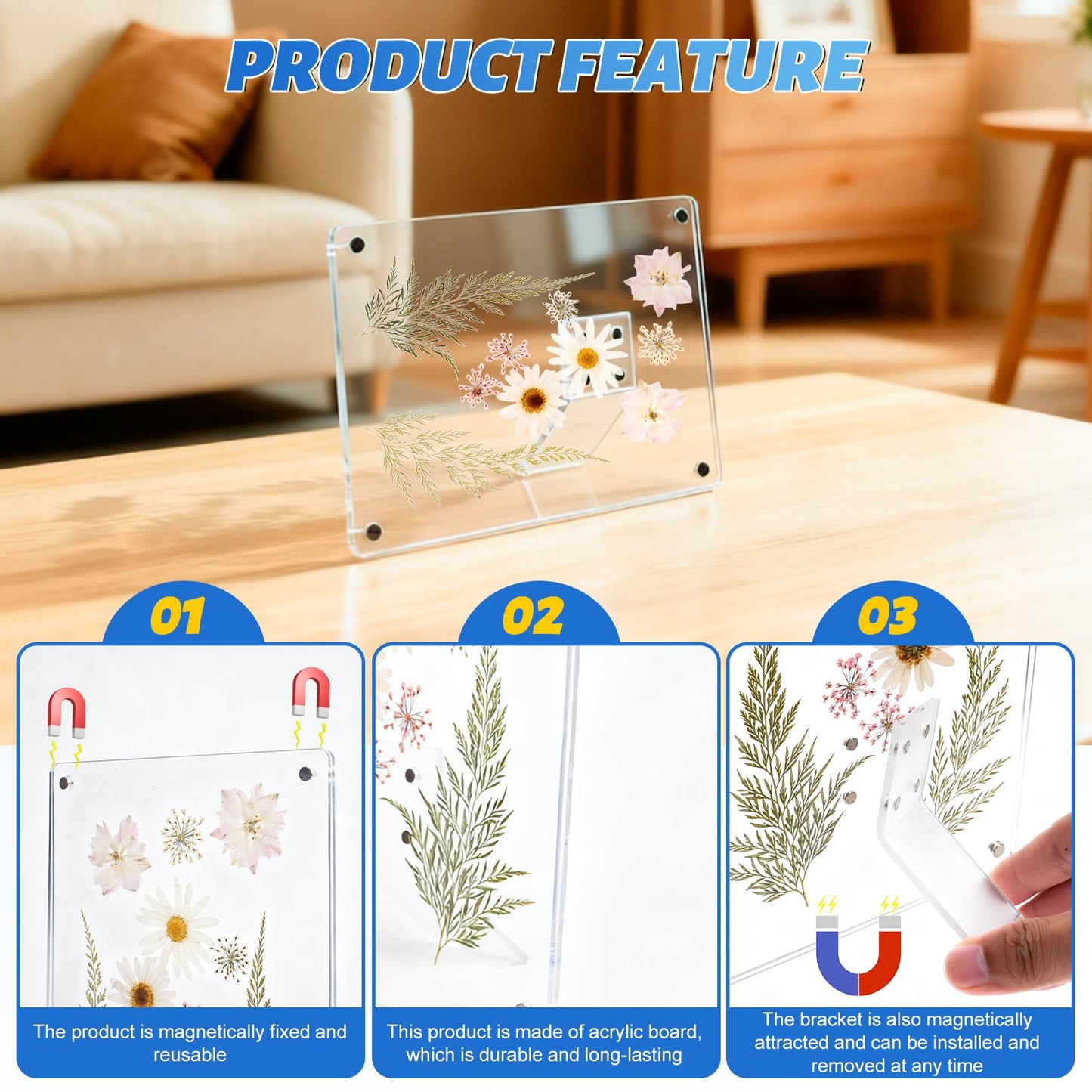 Cnbnd Clear Acrylic Magnetic Pressed Flower Frame, Double Panel Floating Frame for Dried Flower Display, Easy-Open Magnetic Acrylic for DIY Art, Home & Office Wall Décor Gift(Transparent 2Pcs, 8X6in)