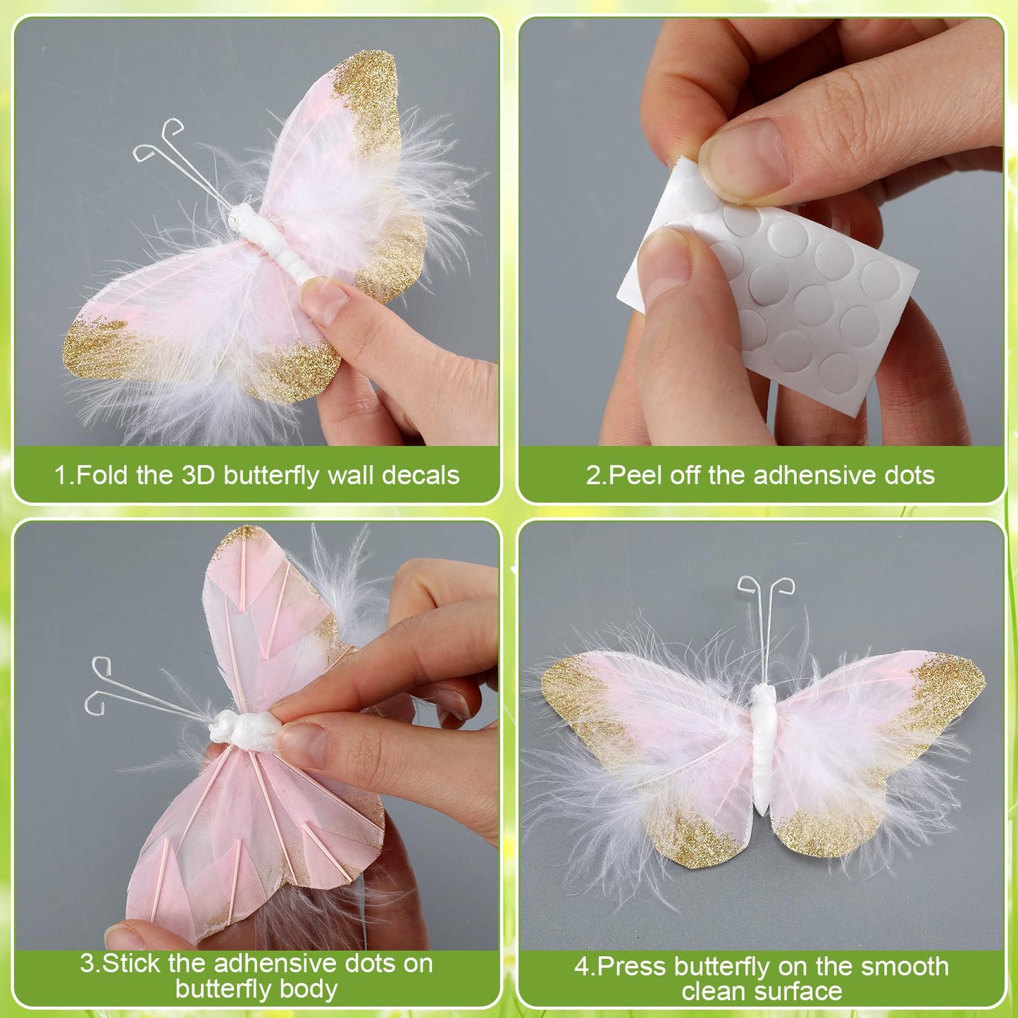 Ferrochef 24 Pcs Pastel Feather 3D Butterfly Wall Stickers Glitter Butterfly Wall Art Mural Stickers Removable Decals Decor for Wedding Party Birtyday Flower Bouquet Nursery Bedroom Cake Home Decor